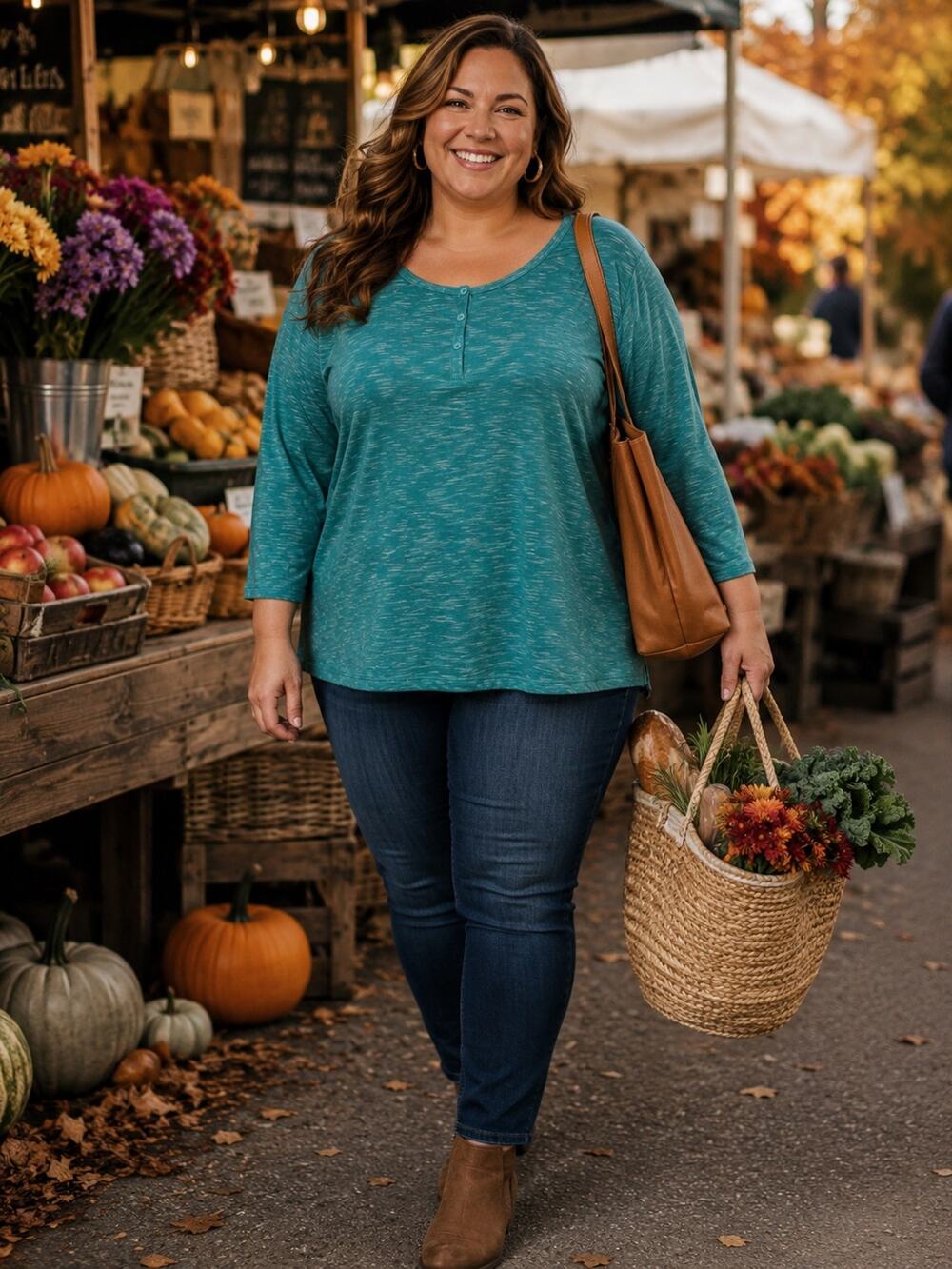Woman Within Women’s Plus 3X Teal Marled Henley Top